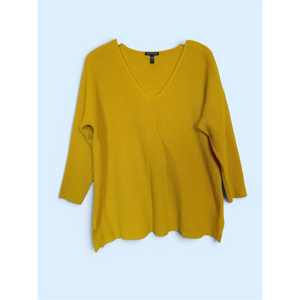 Eileen Fisher Italian Cashmere V-Neck Sweater Waffle Knit Mustard Yellow XL